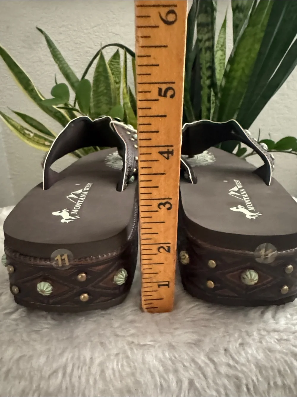Montana West Brown Wedge Sandal with Metal Embellishments - Size 11